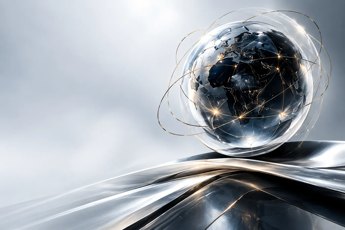A chrome globe traced with global connection routes